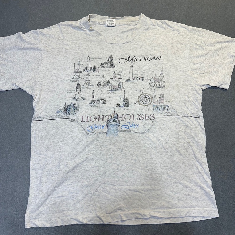 Anvil T-Shirt Mens XL Gray Michigan Lighthouses Great Lakes Vintage 90s USA Made